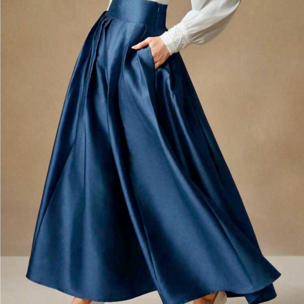 Navy Blue Pleated A-Line Maxi Skirt for Cocktail